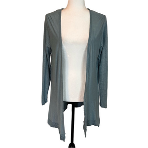 Tahari 100% Linen Cardigan M Teal Blue Longline Open Front Coastal Lagenlook